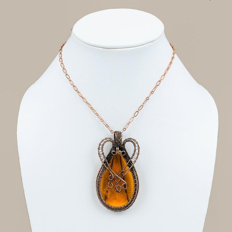 Pierre Précieuse Ambre Baltique Naturel Pendentif Fait Main en Fil de Cuivre Enveloppé 3.03" v0g66