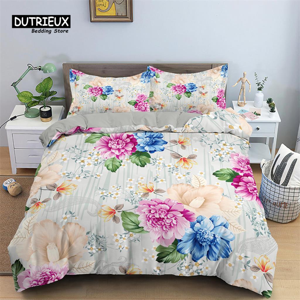 Blumiger Bettbezug Blumen Blätter King Bettwäscheset Frühlingsblüte Garten Bettdeckenbezug Bauernhaus Blütenblätter Botanischer Steppdeckenbezug