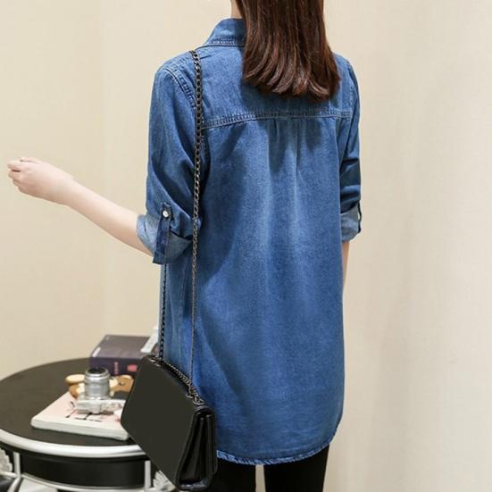 Damen Hemdmantel Revers Langarm Loose Fit Mittellanges Jeanshemd Basic Pendlerstil Oberbekleidung mit Taschen