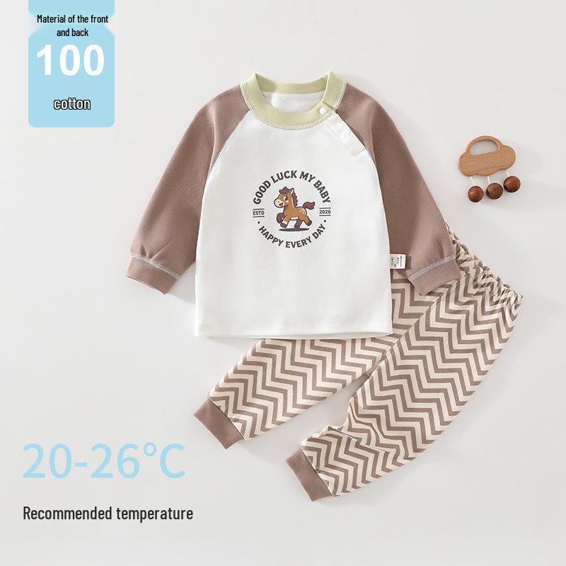 Children's High Waist Cotton Long Johns & Tops Set - Infant Tummy Protection, Class A, for Spring & Autumn