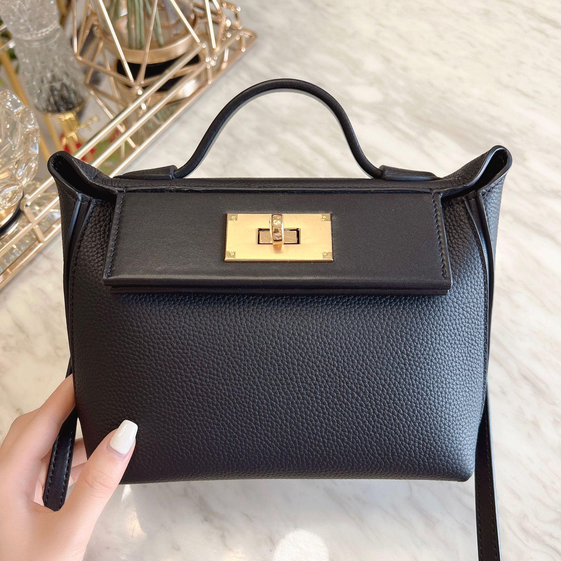 2424 bag lychee pattern cowhide shoulder bag hand bag retro high-end dumpling bag portable messenger bag women Small size 22x15x10cm