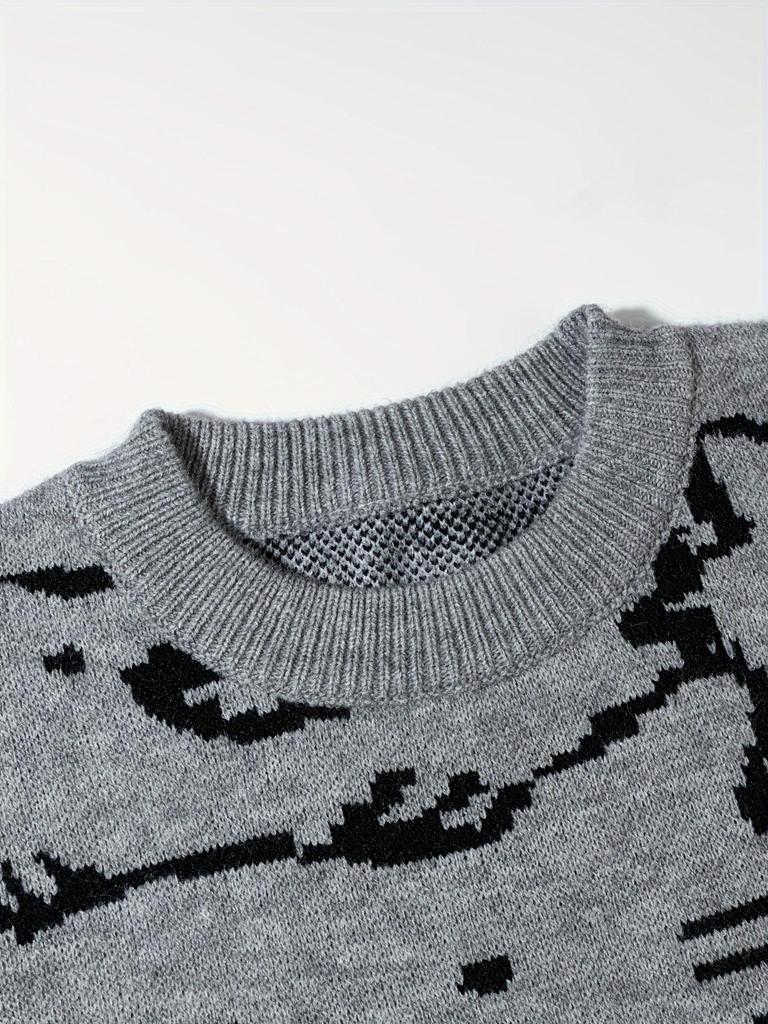 Men's Cute Cat Print Knit Pullover - Stylish Fall/Winter Round Neck Sweater