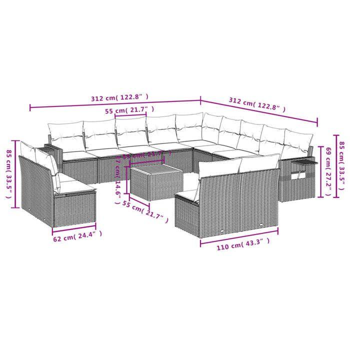 VidaXL Salon de Jardin avec Coussins 14 pcs, Canapés de Terrasse, Ensemble de Meubles de Patio, Mobilier d'Extérieur, Gris 3224821