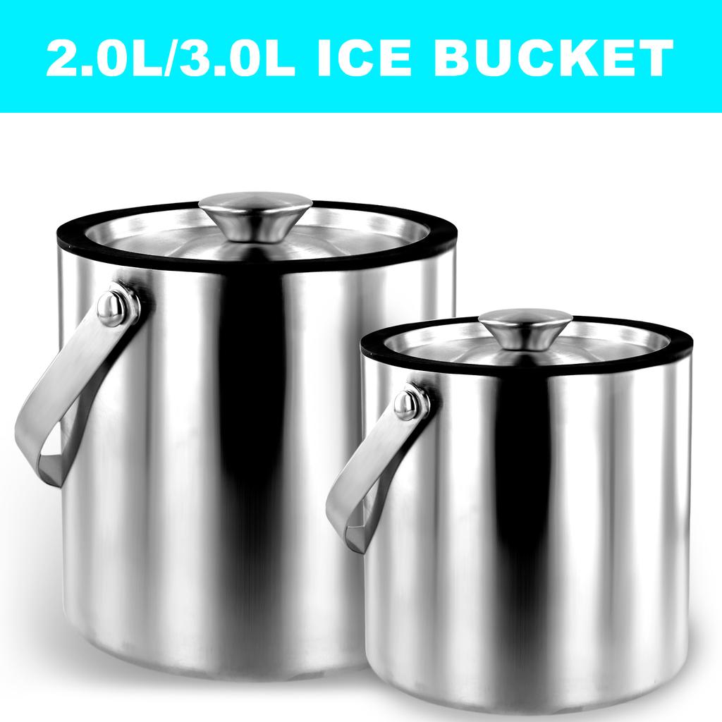 Ice Bucket with Lid Strainer Tong Double Walled Stainless Steel Insulated Ice Bucket 2.0L/3.0L Ice Bucket Container Good Sealing