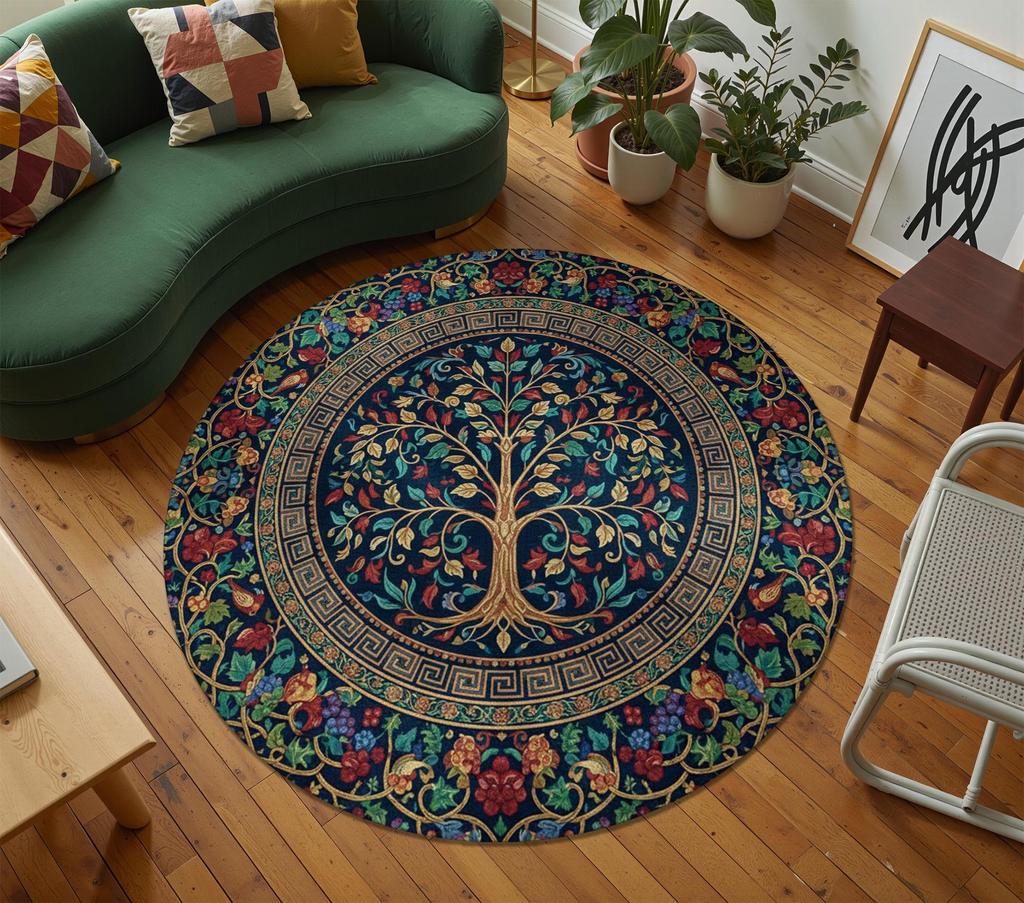 Magical Sunset Tree Of Life Border Ornament Non Slip Large Round Rug Spiritual Boho Meditation Space Floor Mat