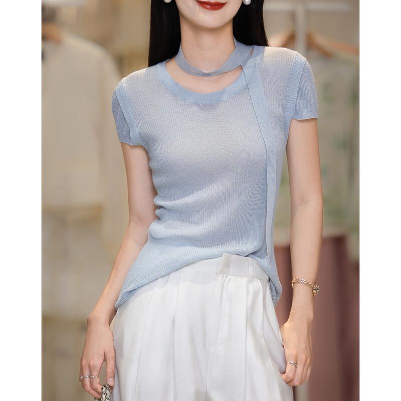 Demana Women's Summer Linen-Lyocell Blend Knit Top with Ribbon Tie