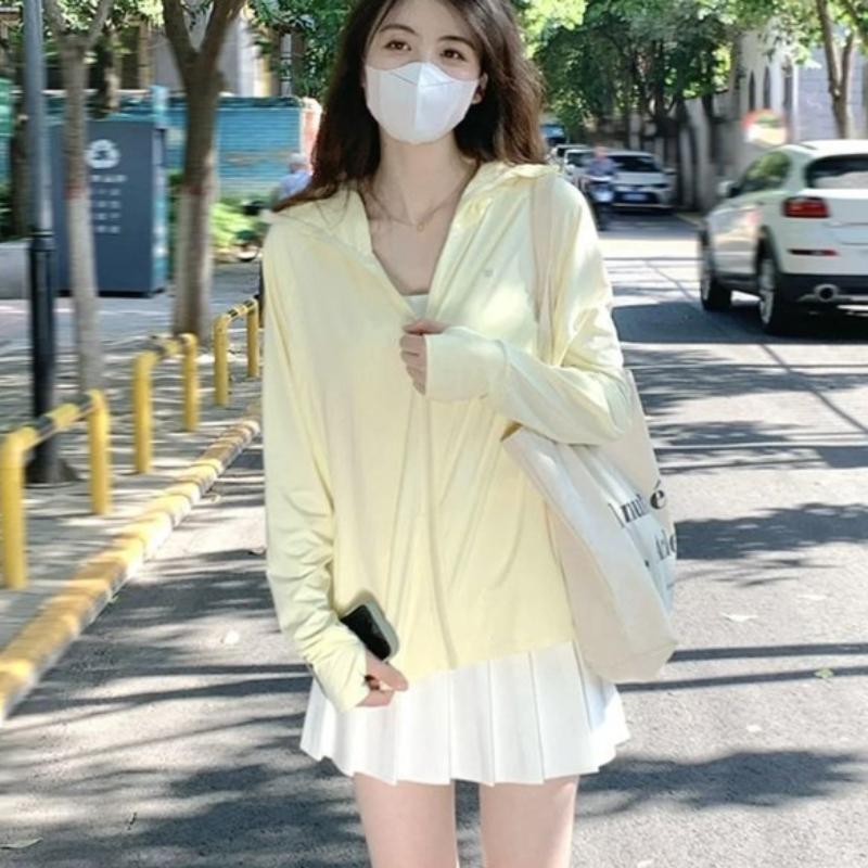 Summer Women Ice Silk Solid Sun Protection Jacket Thin Fashion Zipper Hooded Coat Versatile Loose-Fit Breathable Cardigan