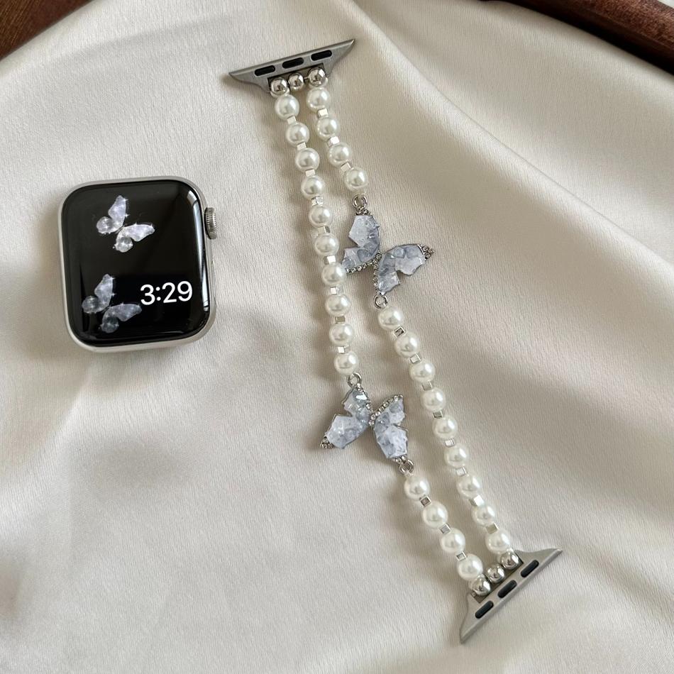 

Luxury Crystal Butterfly Strap For Apple Watch Band S11/10/9/8/7/SE/6/5/Ultra 3 Watch 49/46/45/44/42/41/40/38mm Pearls Bracelet 42 44 45 46 49MM