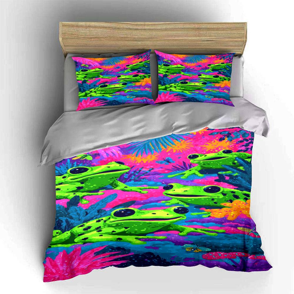 Bright Green Frogs, Foliage. Bedding Sets Duvet Cover Sets Duvet Covers Pillowcases(1 * Duvet Cover 2 * Pillowcases, Without Duvet Insert)