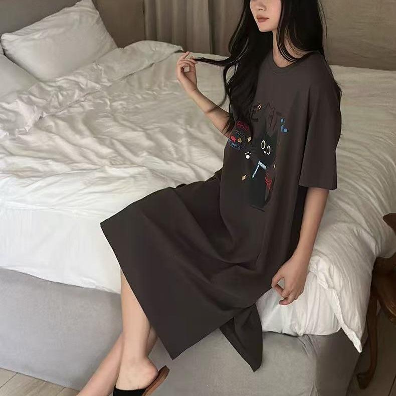 Internet Celebrity Style Pajamas Pajamas Women's New Summer Korean Version Puppy Round Neck Short Sleeve Medium and Long Loose and Comfortable Dress