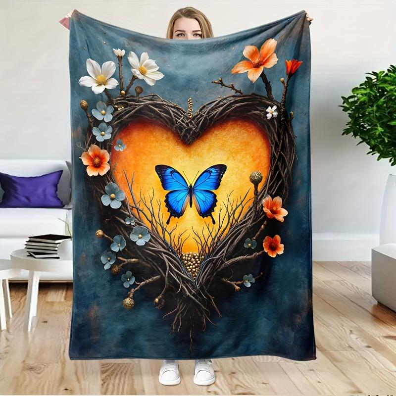 Enchanted Blue Heart & Butterfly Throw Blanket: Coastal Floral Pattern Dreamy Cozy Home Decor
