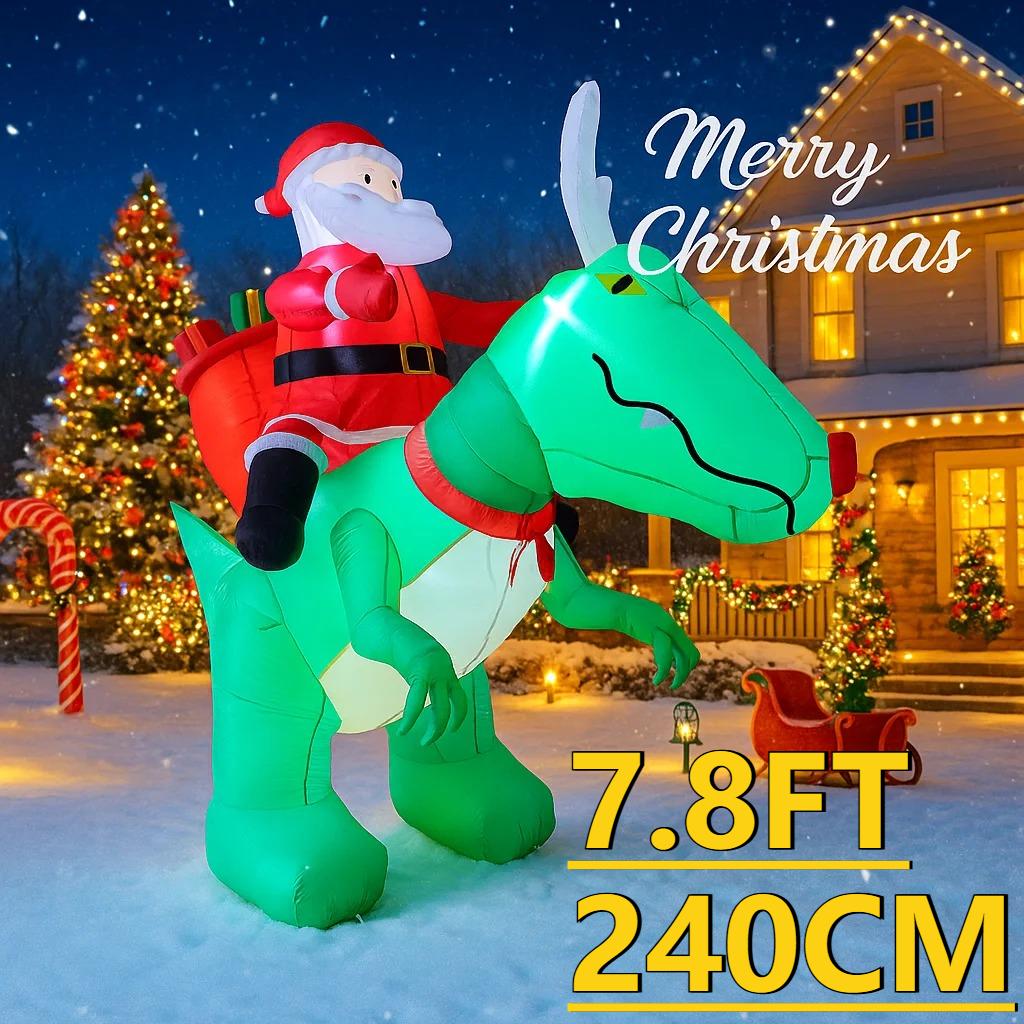 7.8FT Xmas Holiday Inflatable Yard Decor Santa Riding Dinosaur LED Christmas Decor Lawn Garden Toy Supplies Home Ornament Gift