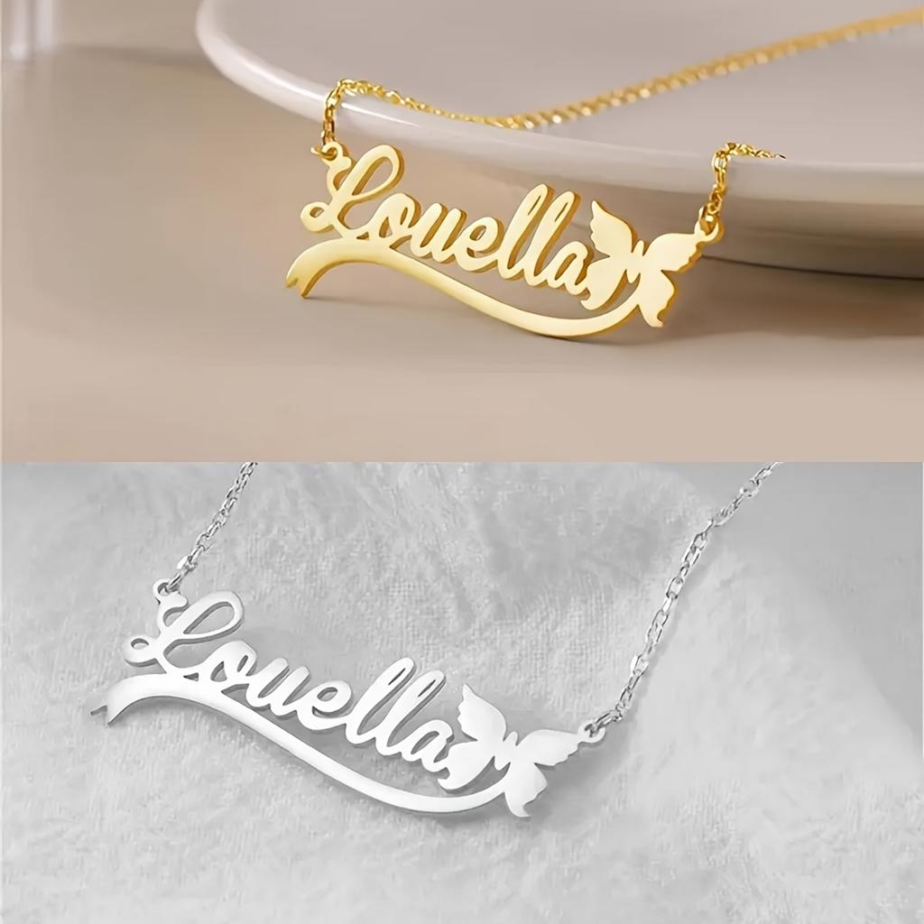 Personalized Custom Name Pendant Necklace With Butterfly Ribbon Stainless Steel Chain Custom Ewelry Birthday Anniversary Gift