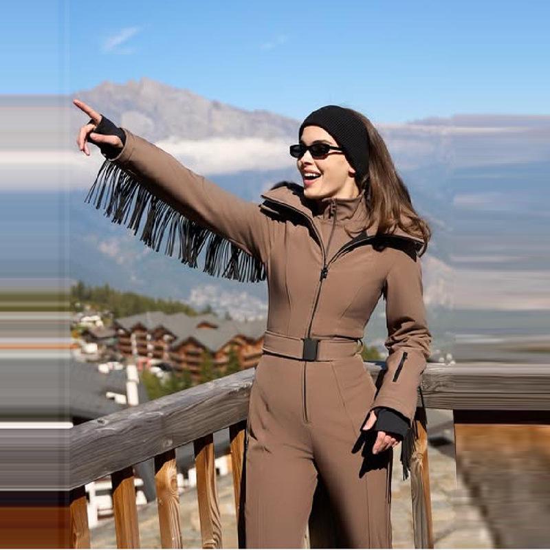 2025 Autumn/Winter Women's Tassel Hooded Ski Cotton Jacket with Belt