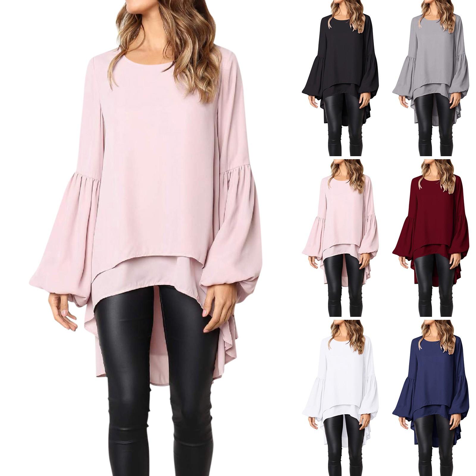 

Women s Casual Round Neck Long Sleeve High Hem Irregular Double LayerTop Shirt
