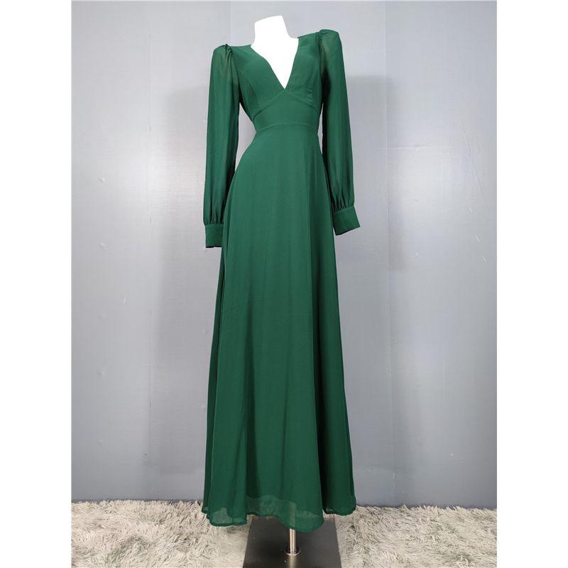 

Export Single Lu Home Plaid Comfortable Chiffon Long Sleeves Deep V Lace-up Bare Back Mop Long Dress Dress Multi-Color Green M