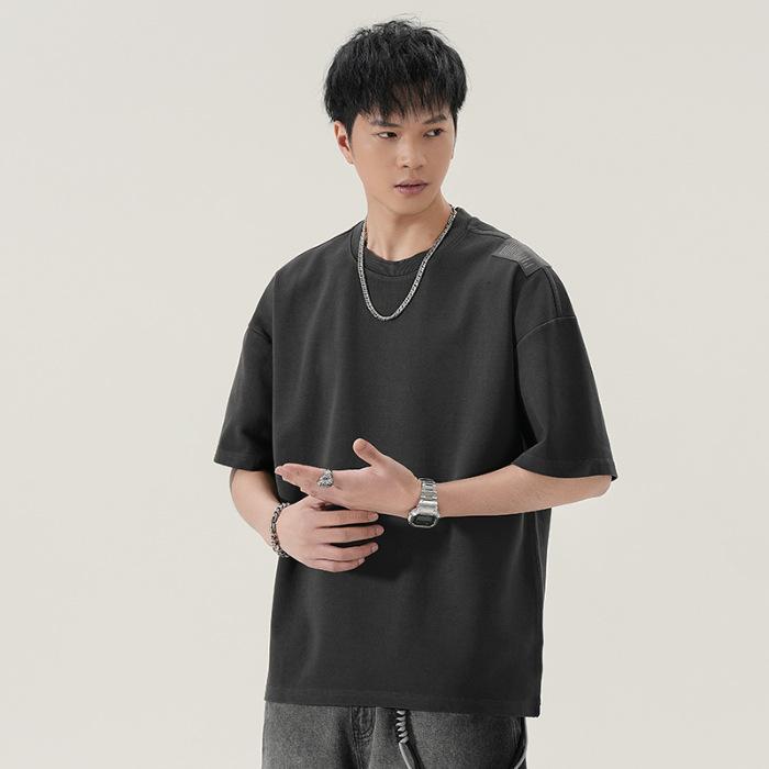 Round Neck T-shirt Heavy 300g Rotator Sleeve Label Versatile Retro Summer Loose Short Sleeve Men S