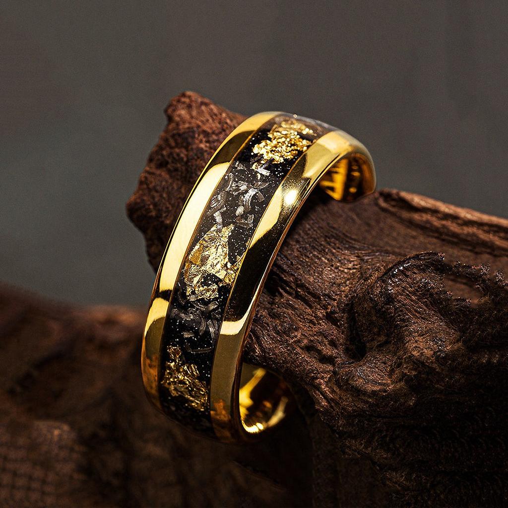 8mm Men Stainless Steel Rings Inlay Meteorite Abalone Shell Rings For Men Women Wedding Engagement Band Jewelry Gift