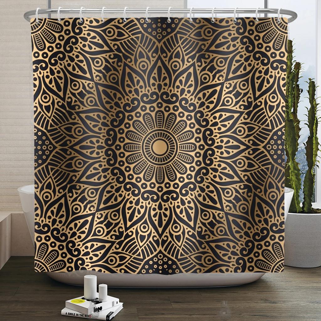Bohemia Mandala Blume Duschvorhang Schwarz Gold Badevorhang Heim Badezimmer Dekoration Wasserdichtes Gewebe Badewannen-Bildschirm Mit Haken