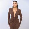 Long Sleeve Ruched Sexy Maxi Dress For Women Gown Fashion Skew Collar Draped Thigh High Split Club Long Dress