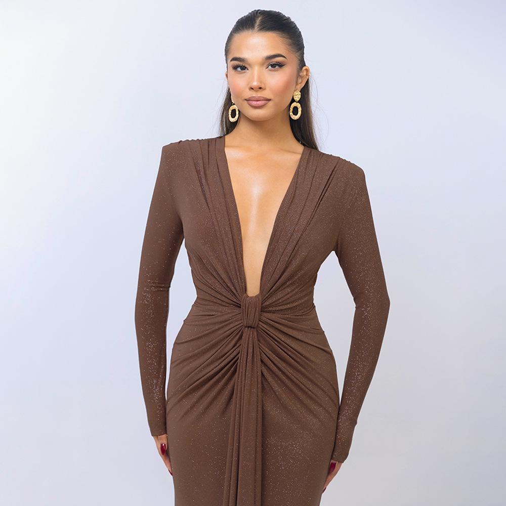 Long Sleeve Ruched Sexy Maxi Dress For Women Gown Fashion Skew Collar Draped Thigh High Split Club Long Dress
