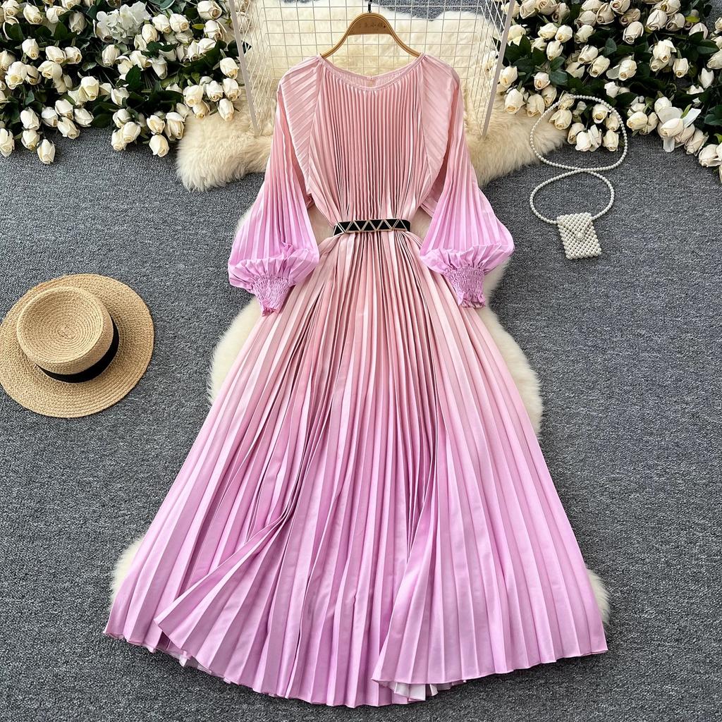 Pleats O-neck Printed Long Dress Women Autumn Holiday Long Lantern Sleeve  Oversized Print Folds Dress Loose Robes Dresses Buy cheaply on Joom