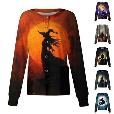 Women's Casual Long Sleeve Single Breasted Cardigan Halloween Print Medical Scrub Jacket Lightweight Button Up Top for Healthcare