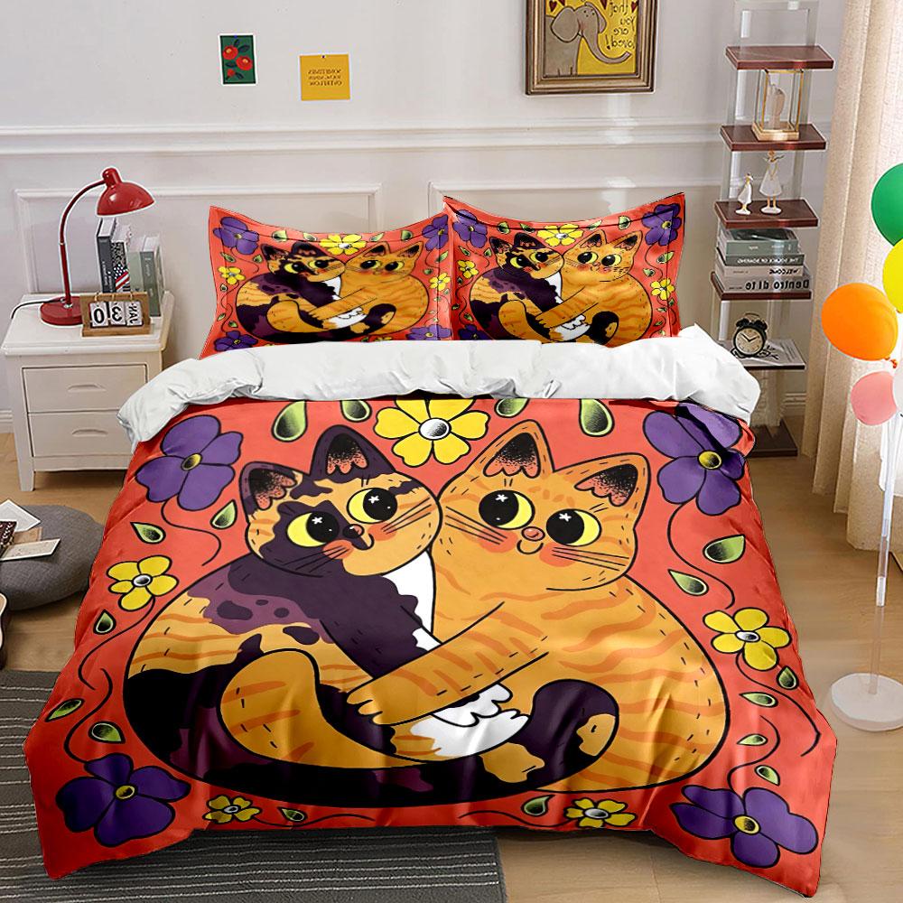 Hugging Cats with Floral Pattern Bedding Duvet Cover Set Duvet Cover Pillowcases (1*Duvet Cover 2*Pillowcases, Without Duvet Insert)