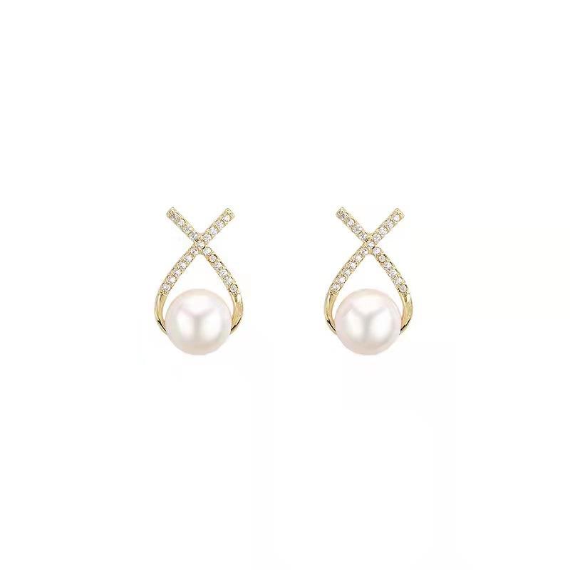 Premium Cross Pearl Stud Earrings Women Ins Temperament Thin Diamond Earrings Korean Version Sweet X Letter Earrings