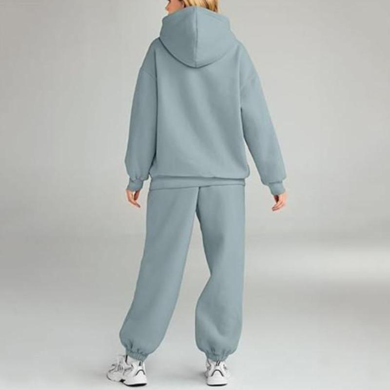 2 pezzi/set da donna, top sportivo, pantaloni, set con cappuccio, manica lunga, colore puro, felpa con cappuccio