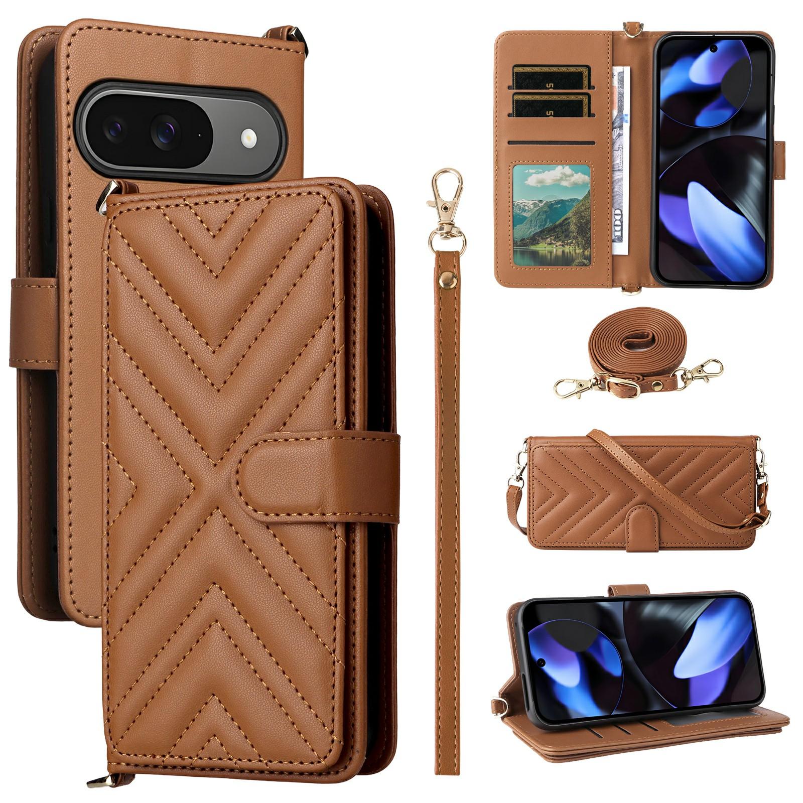 

For Google Pixel 9 Pro/Pixel 9 Wallet Case with Shoulder/Wrist Strap Leather Phone Cover Stand Brown