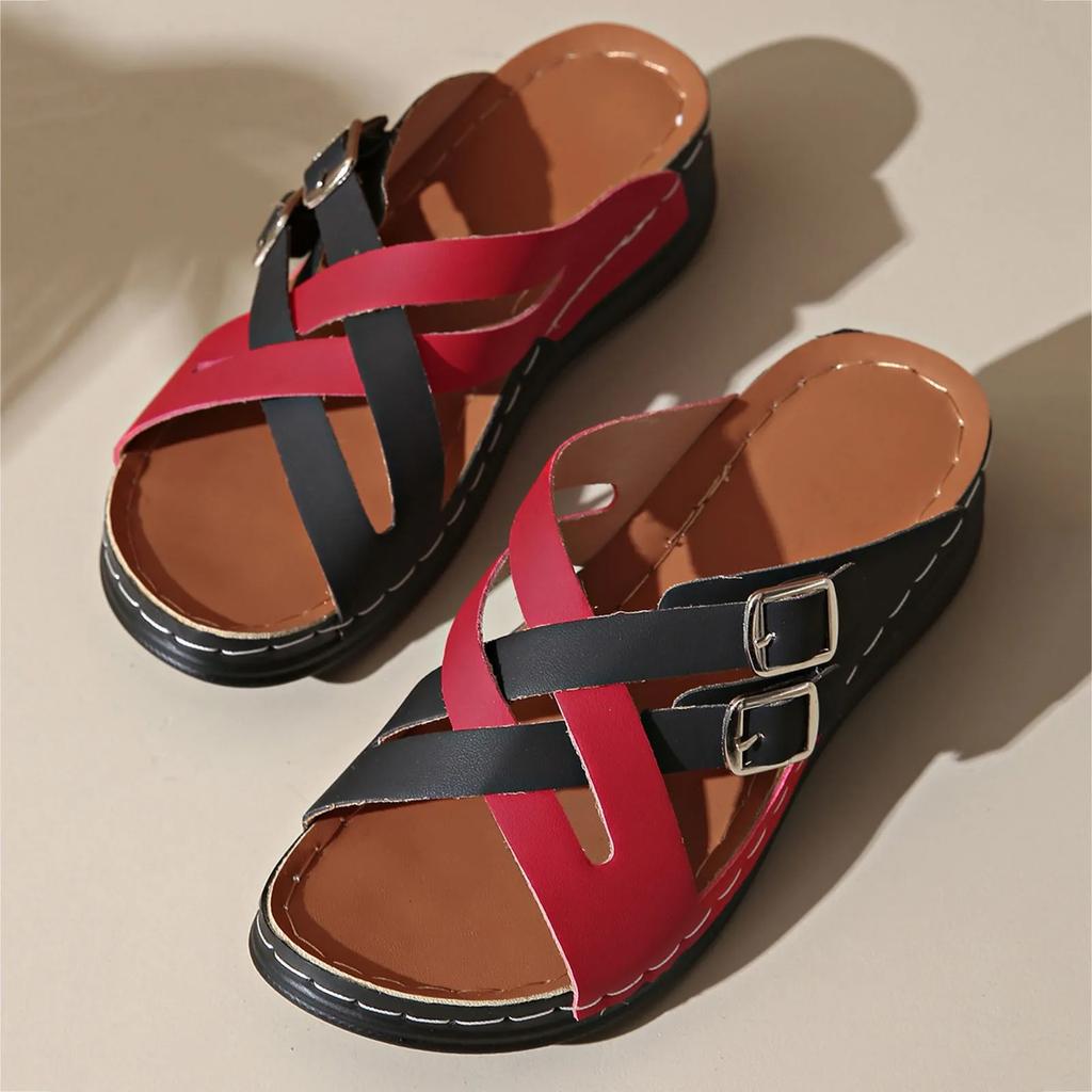 Fashion Women's Sandals Fashion Patchwork Color Thick Soled Wedge Slippers Hollow Casual Beach Sandals 2025 Summer Sandalias Mujer