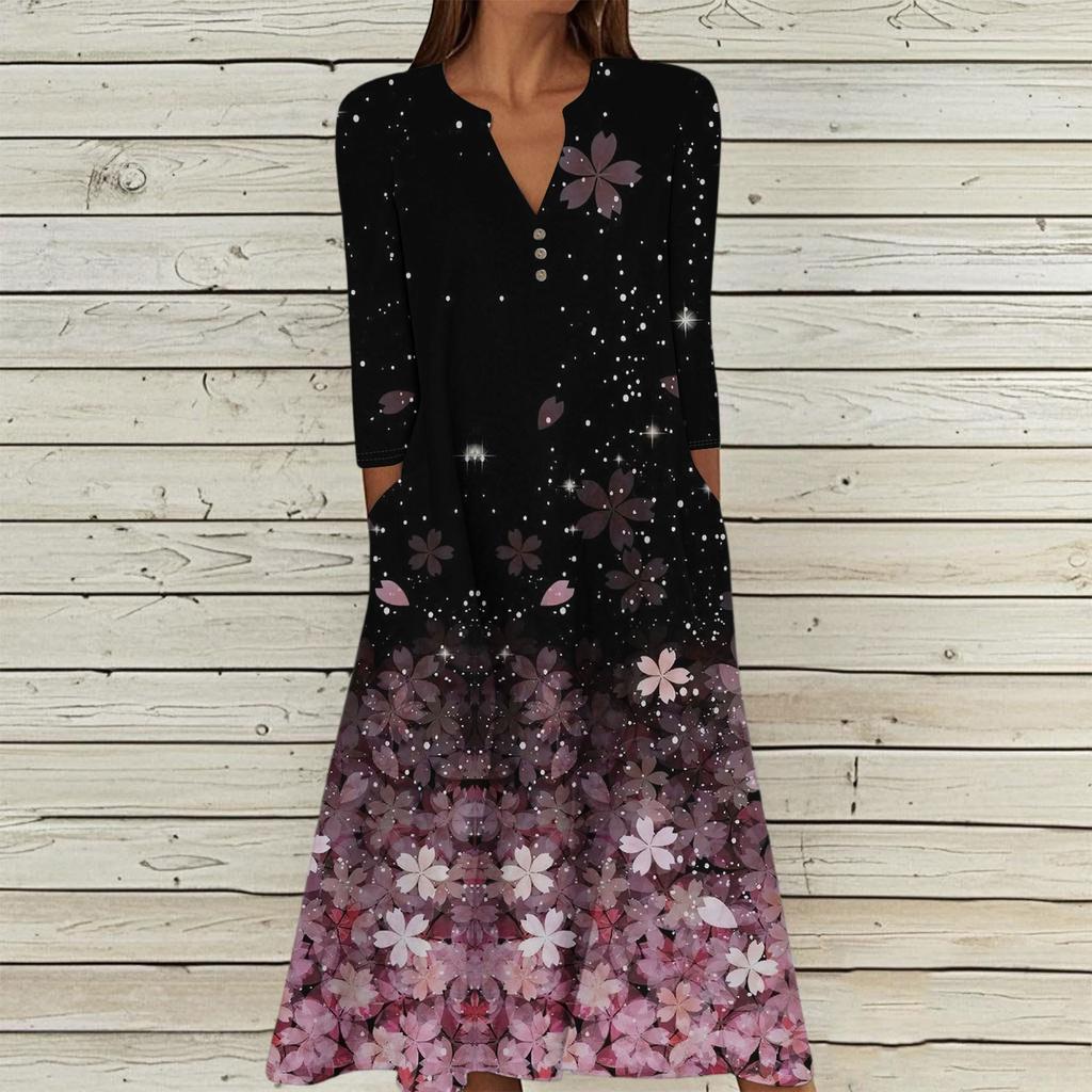 Women's Summer Casual V-Neck Button Vintage Floral Print Three-quarter Sleeve Long Dress With Pockets