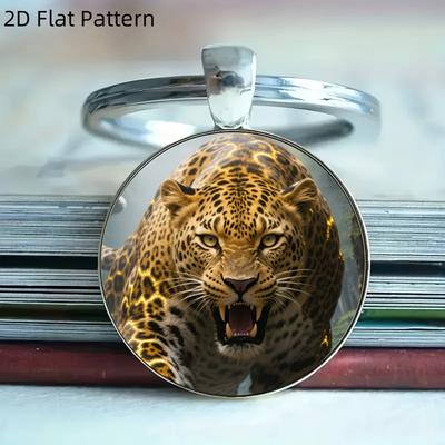 Llavero con Colgante Redondo de Vidrio y Aleación con Estampado de Leopardo Elegante