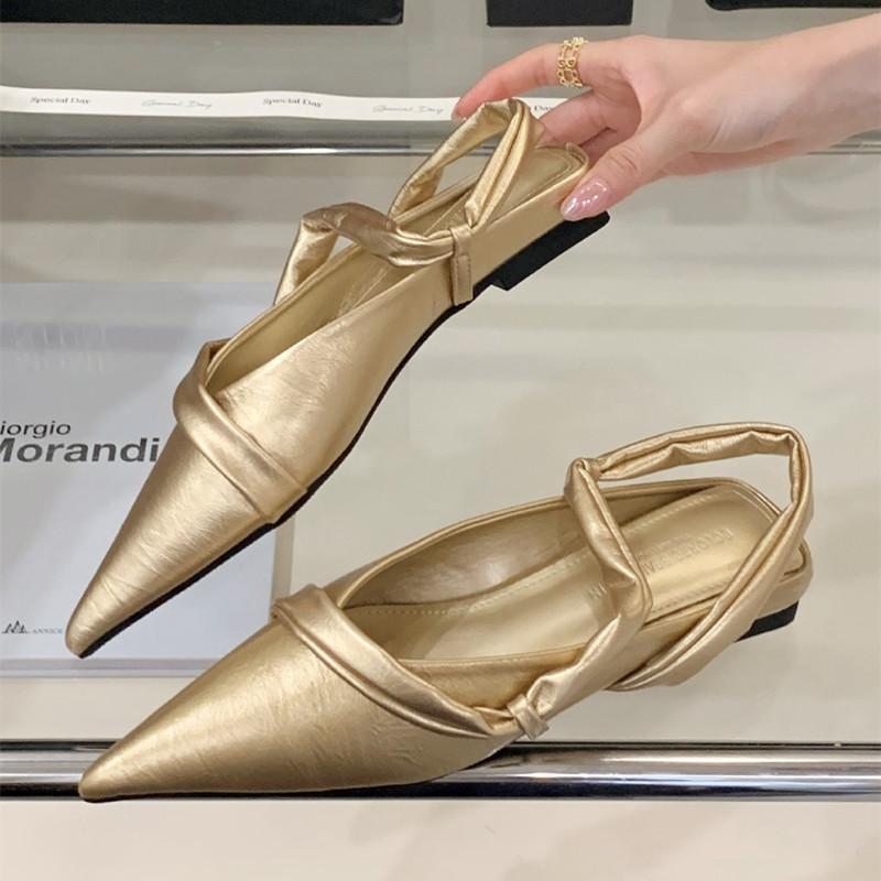 

Модные элегантные сандалии-слайдеры с узким ремешком, острым носком и неглубоким задником для женщин. Брендовые сандалии-мокасины, удобные и нескользящие. 39 золотой