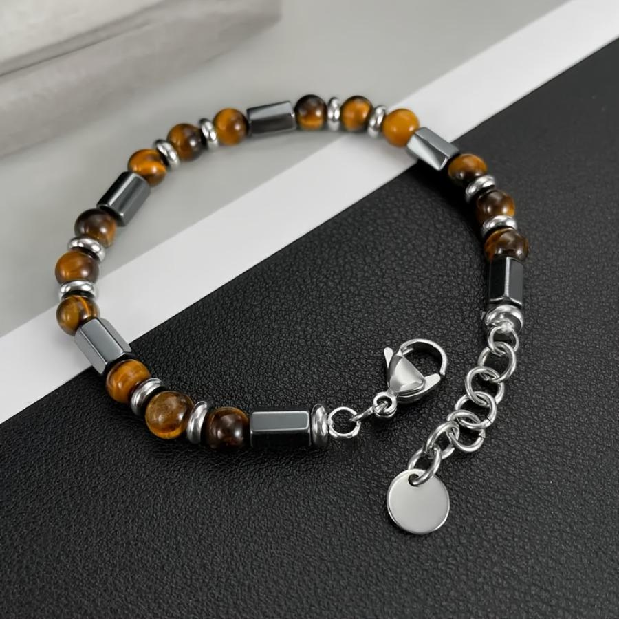Bohemian Style Men's Stainless Steel Bracelet with Natural Tiger Eye Stone Beads - Fashionable Geometric Design Accessory