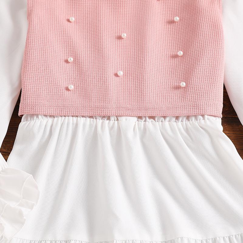 Girls' Outfit Children's Clothing Autumn New Style Turn-Down Collar Solid Color Long Sleeve Dress Beaded Vest