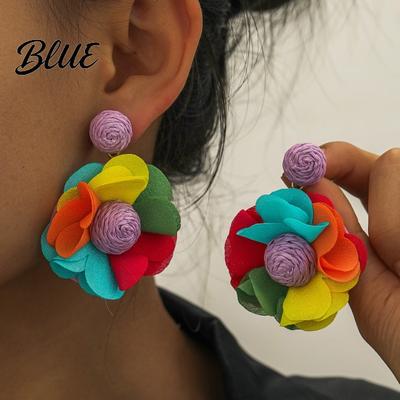Boho Statement Earrings Flower Dangle Women Fabric Drop Handmade Lightweight