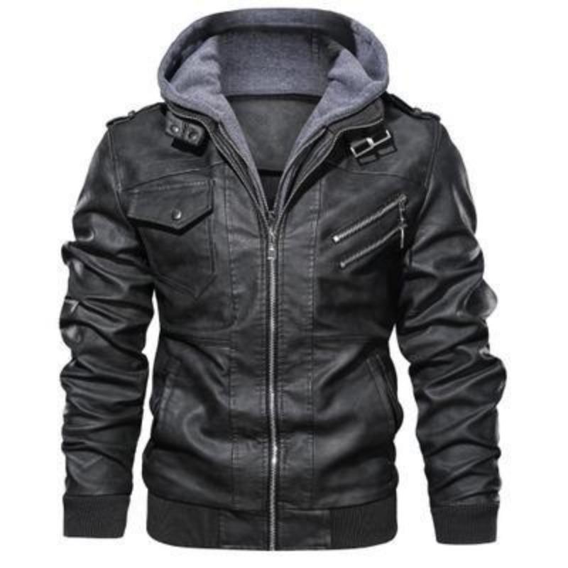 

Мужская кожаная куртка мотоцикла Slim Fit с капюшоном из искусственной кожи Верхняя одежда осень-зима Повседневная ветрозащитная мужская одежда M серый