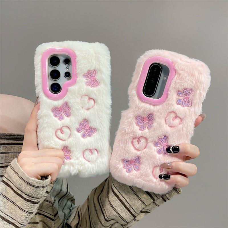 3D Plush Bow Love Fashion Phone Case For Galaxy S25 24 23 22 21 20 10 Ultra Plus S9 A23 06 26 35 36 A53 A54 A55 A56 Note 10 9 8 Case Girl Cute Winter