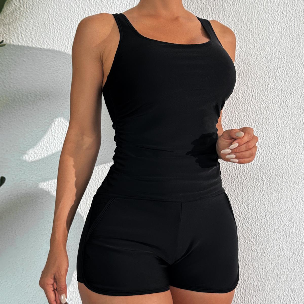 

Однотонный купальник танкини из двух частей с U-образным вырезом, плоскими шортами, высокой талией и разрезом для женщин S чёрный