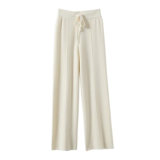 Women Long Pants Elastic High Waist Wide-Leg Knitted Pants with Pockets Solid