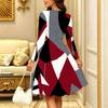 Women Long Sleeve Round Neck Midi Dress Abstract Geometric Floral Plum Blossom Stripe Dot Print Flared Dress