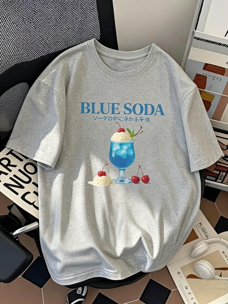 2026 Kawaii Blue Soda Ice Cream Graphic Tshirt Letter Print Unisex Unisex Summer Short Sleeve Loose Tops Casual Streetwear Tee