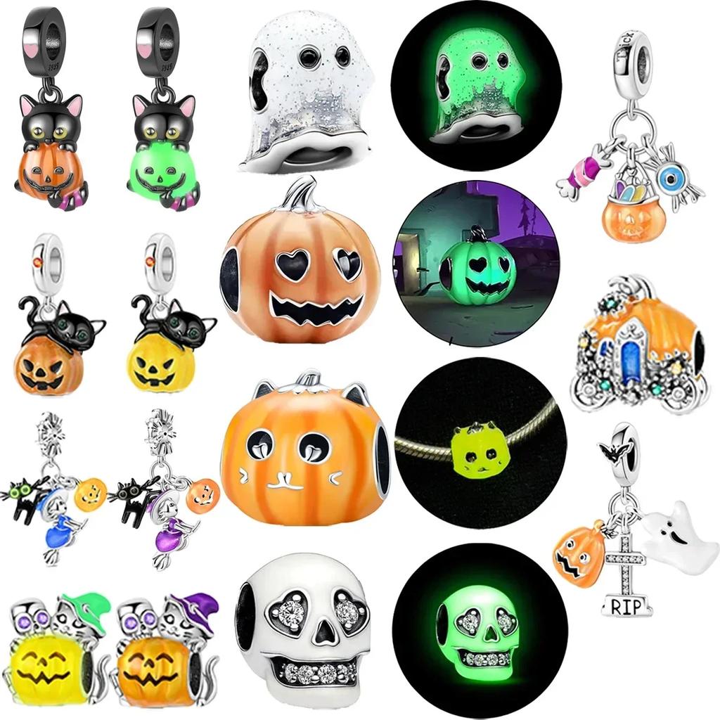 Authentic Original Copper Metal Halloween Perfect Gift Black Cat Spider Skull Pumpkin Ghost Bead Components Charm Bead Components Designed For Pan