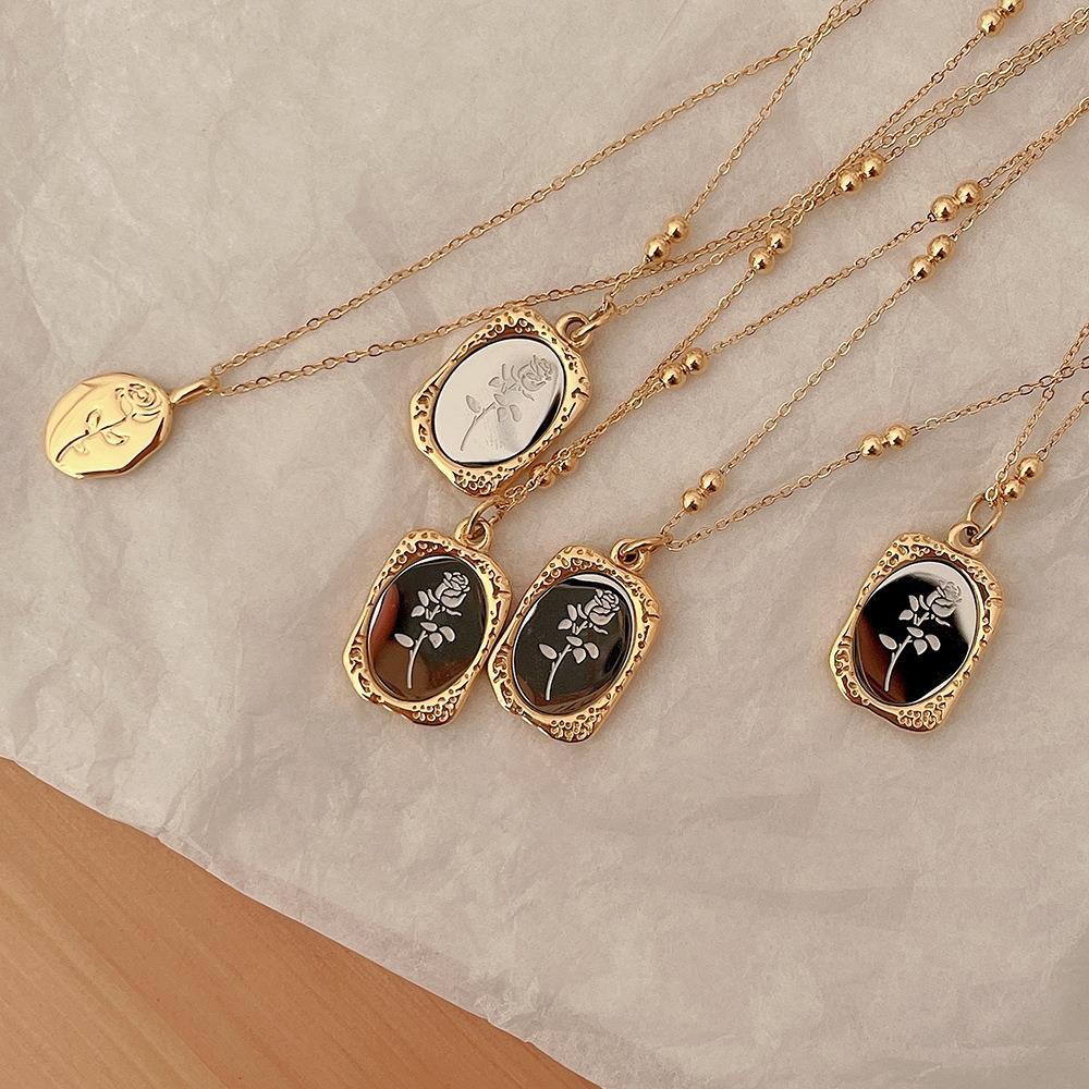 Titanium Steel Mirror Necklace For Women Vintage French Relief Magic Mirror Rose Flower Square Pendant Cloak Chain Sweater Chain Fashion Jewelry