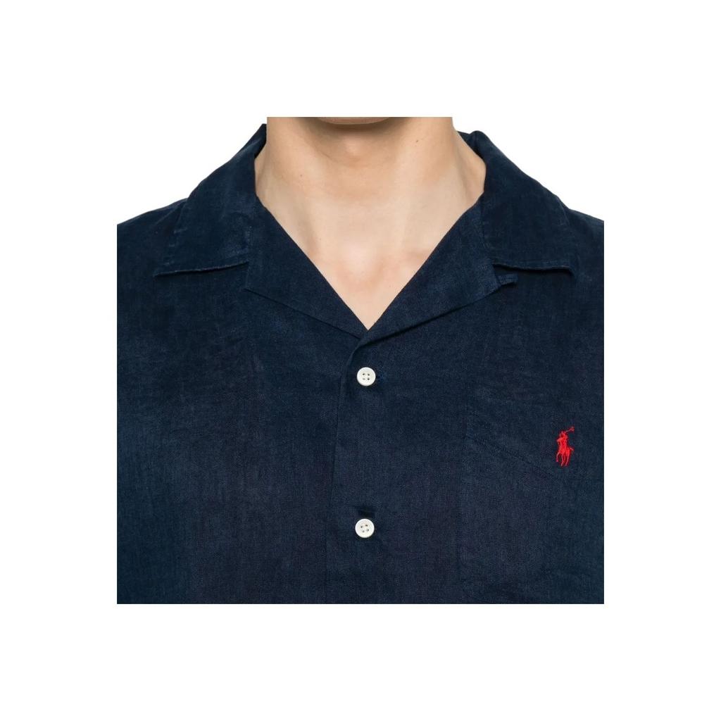 Polo Ralph Lauren Solid Logo Cuban Collar Loose Button Short Sleeve Shirt Men shirts Navy-Blue 710966421-001