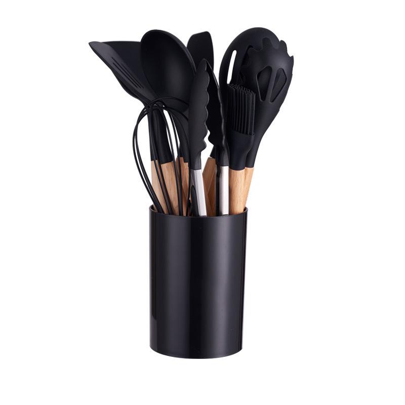 12-Piece Non-Stick Silicone Kitchen Utensil Set with Wooden Handles - High-Temperature Resistant Spoons and Spatulas
