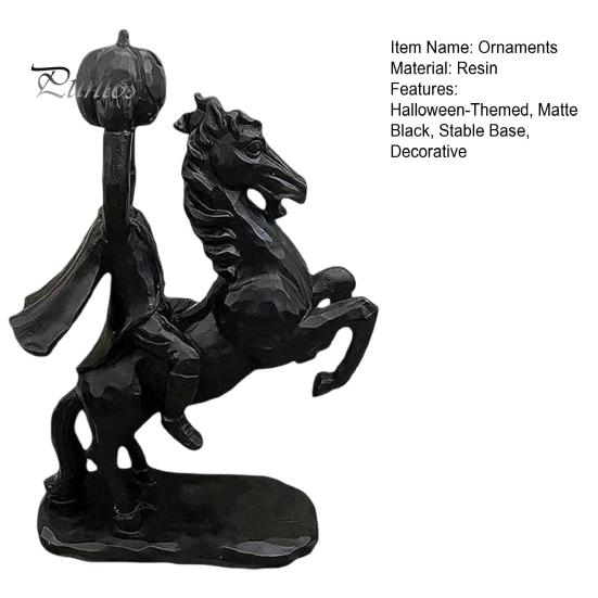 Resin Horse with Pumpkin Headless Horseman Holding Statue, Matte Black Halloween Figurine, Unique Dark Atmosphere Ornaments Gothic Tabletop Decor for