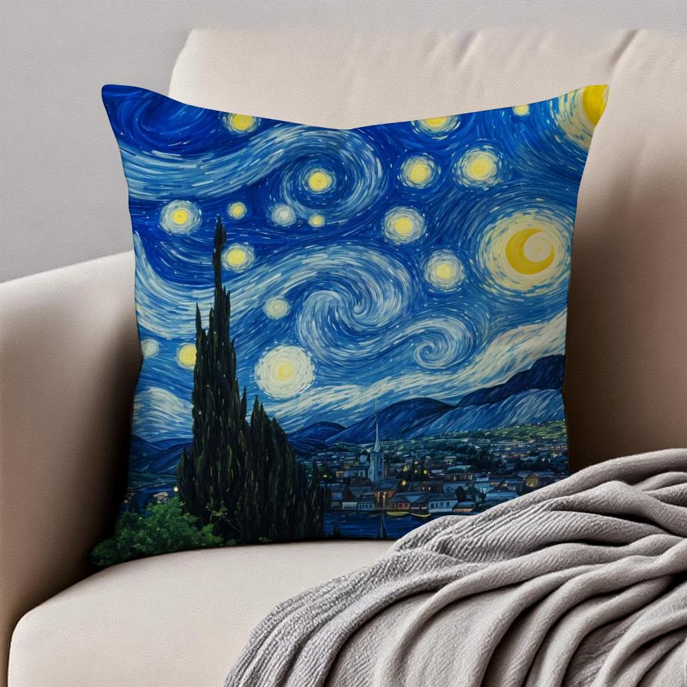 Van Gogh Starry Sky Dutch Painting Art Cushion Cover Pillowcase Antidustmite Invisible Zipper Short Plush Sofa Cushion